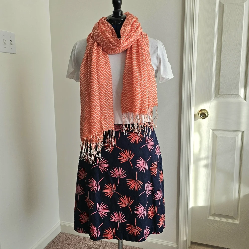 Boho Geometric Scarf Bright Modern Orange White Lightweight Fringe Summer Wrap